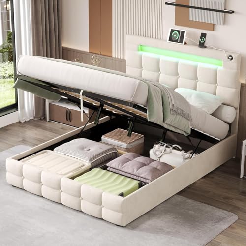 Hydraulisches Ottoman-Bett mit Stauraum, 135 x 190 cm, mit LED-Beleuchtung, USB- und Typ-C-Ladestation, verstellbares Kopfteil mit Knöpfen, 135 x 190 cm, Beige von Morada Nest