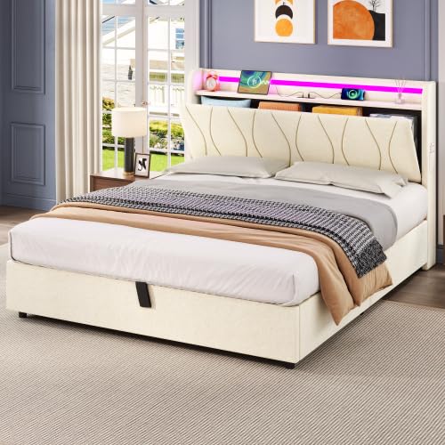 Hydraulisches Ottoman-Bett mit Stauraum, 135 x 190 cm, mit LED-Kopfteil, USB- und Typ-C-Ladestation und verdeckter Kopfteil-Aufbewahrung (kein Boxspringbett erforderlich) von Morada Nest