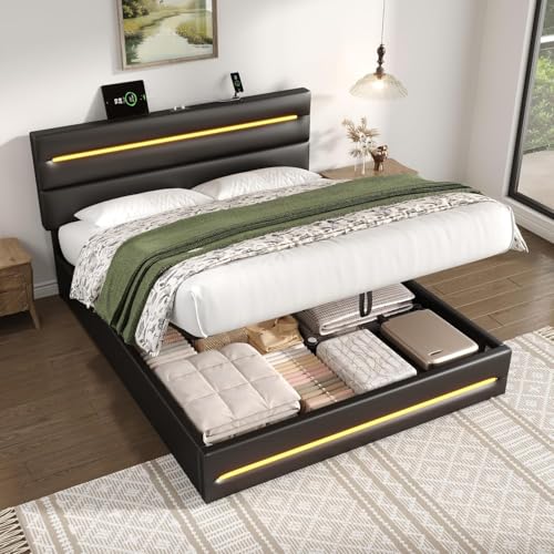 Morada Nest 1,5 m großes King-Size-Bett, PU-Leder, gepolstert, hydraulisches Stauraum, schwarzes Ottoman-Bettgestell mit LED-Beleuchtung, verstellbarem LED-Kopfteil, USB- und Typ-C-Ladeanschlüssen von Morada Nest