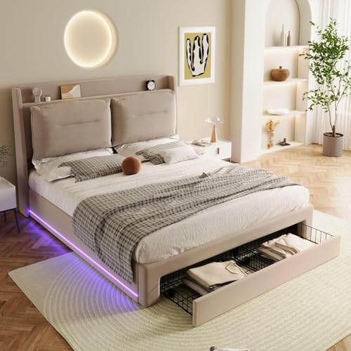 Morada Nest 150 x 200 cm großes gepolstertes hydraulisches Bettgestell aus beigefarbenem Samt, 150 x 200 cm, mit 2-in-1-Endschubladen, versenkten LED-Lichtstreifen und Holzlattenrost von Morada Nest