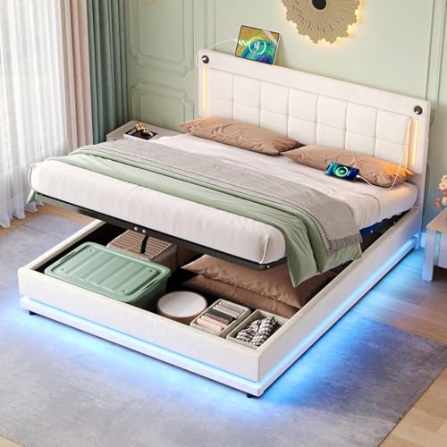 Morada Nest Doppel LED Hydraulisches Bett mit Ladestation, Verstellbares, quadratisches, getuftetes Kopfteil mit intelligenter Kontrollleuchte, weicher Samtbettrahmen mit USB- und Typ-C-Anschlüssen von Morada Nest