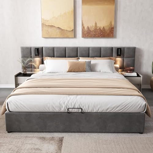 Morada Nest Doppelbett mit hydraulischem Stauraum, 135 x 190 cm, grauer Samt, mit breitem Schachbrett-Kopfteil, integrierter Richtlampe und USB-Ladeanschluss, 135 x 190 cm von Morada Nest