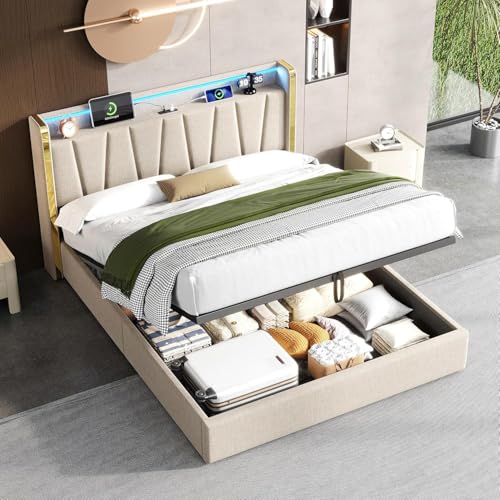 Morada Nest Doppelbettrahmen mit hydraulischem Stauraum, LED-Kopfteil mit Ladestation und Chromverkleidung, USB- und Typ-C-Anschlüssen, Leinen, kein Boxspringbett nötig, Beige von Morada Nest