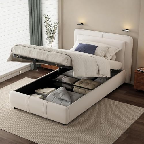 Morada Nest Gepolstertes Einzelbett mit hydraulischem Stauraum, 90 x 190 cm, mit abnehmbarem weichem Kopfteil und stabilem Sperrholzsockel, 90 x 190 cm von Morada Nest
