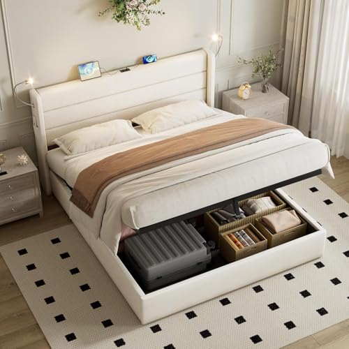 Morada Nest King Polsterbett mit Ladestation, Leinen Hydraulisches Stauraumbett mit verstellbarer LED-Leselampe, 1,5 m Doppelbettrahmen mit USB- und Typ-C-Anschlüssen, kein Boxspring erforderlich von Morada Nest