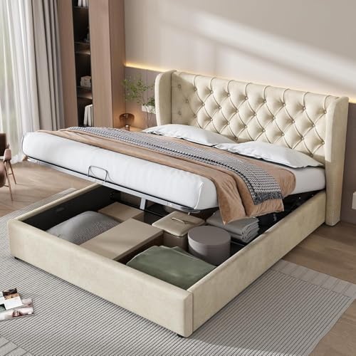 Morada Nest Polsterbett, mit hydraulischem Hebel, Funktionsbett aus Stauraum, 135 x 190 cm, ohne Matratze, Samt, Beige von Morada Nest