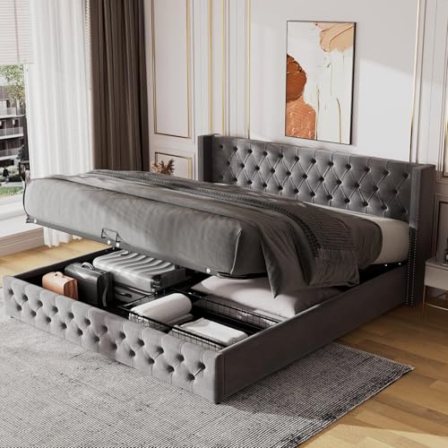 Morada Nest Polsterbett, mit hydraulischem Hebel, Funktionsbett aus Stauraum, 150 x 200 cm, ohne Matratze, Samt, Grau von Morada Nest