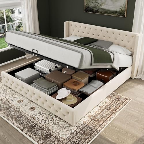 Morada Nest Samtgepolstertes Doppelbett mit hydraulischem Stauraum | 135 x 190 cm | hochklappbares Ottomanbett in Beige | Modernes Funktionsbett mit Gasdruckfeder Staufach von Morada Nest