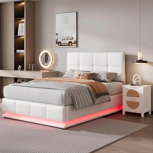 Ottoman Doppelbett mit LED-Beleuchtung, PU-Leder-Polsterbett mit hydraulischem Stauraum, 140 cm, Doppelbettrahmen mit verstellbarem quadratischem getuftetem Kopfteil, Cremeweiß (keine Matratze) von Morada Nest