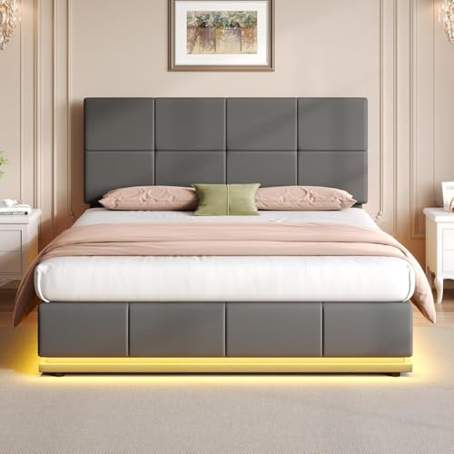 Ottoman Doppelbett mit LED-Beleuchtung, PU-Leder-Polsterbett mit hydraulischem Stauraum, 140 cm, Doppelbettrahmen mit verstellbarem quadratischem getuftetem Kopfteil, Grau (keine Matratze) von Morada Nest