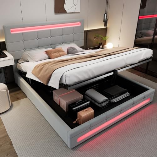 Polsterbett, hydraulisches Bett, Erwachsene, Jugendliche, Doppelbett, 135 x 190 cm, quadratische Verzierung, mit 7-farbigen LED-Lichtstreifen, Samt + Eisen, Grau von Morada Nest