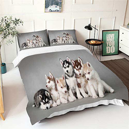 Morbuy 3D Bettbezug Bettwäsche Set, Haustier Hund Drucken Bettwäsche-Set Mikrofaser Weiche Bettbezug mit Reißverschluss und Kissenbezüge Für Junge Mädchen (135x200cm,Grauer Husky) von Morbuy