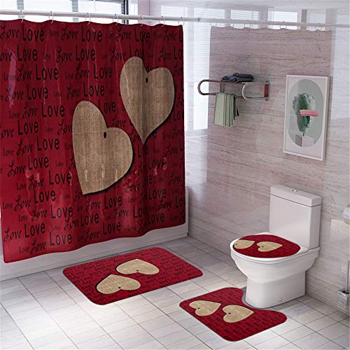 Morbuy 4-teiliges Badvorleger-Set Duschmatte + Kontur Matte + WC-Deckelbezug + Duschvorhang, rutschfeste Badvorleger für Küche, Dusche und Toilette - Briefe Drucken (Love) von Morbuy