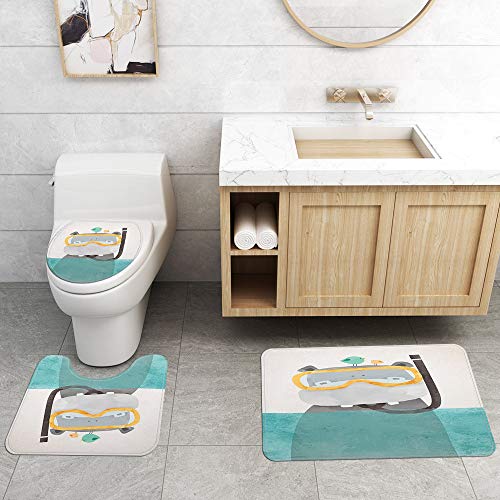 Morbuy Badezimmer Duschvorhang-Set, Badezimmer Anti-Rutsch-WC-Vorleger + Deckel WC-Abdeckung + Badematte + Duschvorhang Karikatur Tierdruck für Küche Dusche und Toilette (3-teiliges Set,Nilpferd) von Morbuy