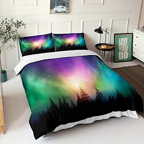 Morbuy Bettbezug Bettwäsche Set, 3D Galaxis Aurora Drucken Bettwäsche-Set Mikrofaser Weiche Bettbezug mit Reißverschluss und Kissenbezüge Für Junge Mädchen (135x200cm,Grün Rot) von Morbuy