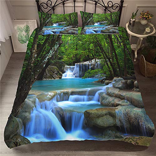 Morbuy Bettbezug Bettwäsche Set, Wasserfall 3D Drucken Bettwäsche-Set Deluxe Junge Mädchen Mikrofaser Weiche mit Reißverschluss Bettbezug und Kissenbezüge (135x200cm -2pcs,Grün) von Morbuy