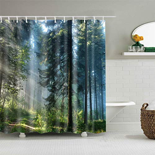 Morbuy Duschvorhang, 3D Digitaldruck Top Qualität Schimmelresistenter und Wasserabweisend Shower Curtain Waschbar Mit 12 Duschvorhangringen 100% Polyester (180x180cm,Wald) von Morbuy