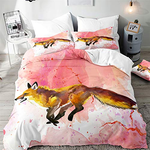 Morbuy Fuchs Drucken Bettbezug Bettwäsche Set, 3D Drucken Bettwäsche-Set Junge Mädchen Deluxe Mikrofaser Weiche mit Reißverschluss Bettbezug und Kissenbezüge (135x200cm,Aquarell Pink) von Morbuy