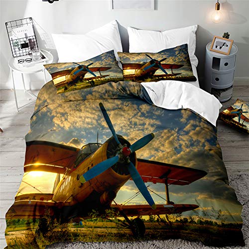 Morbuy 3D Bettbezug Bettwäsche Set - Flugzeug Drucken Erwachsene Kinder Bettwäsche-Set, Mikrofaser Weiche Bettbezug mit Reißverschluss und Kissenbezüge (135x200cm,Retro Flugzeug) von Morbuy