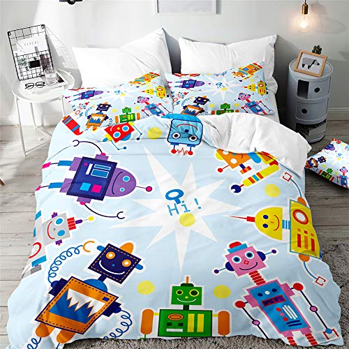 Morbuy Netter Druck Bettbezug Bettwäsche Set - 3D Erwachsene Kinder Bettwäsche-Set, Mikrofaser Weiche Bettbezug mit Reißverschluss und Kissenbezüge (Roboter,135x200cm) von Morbuy