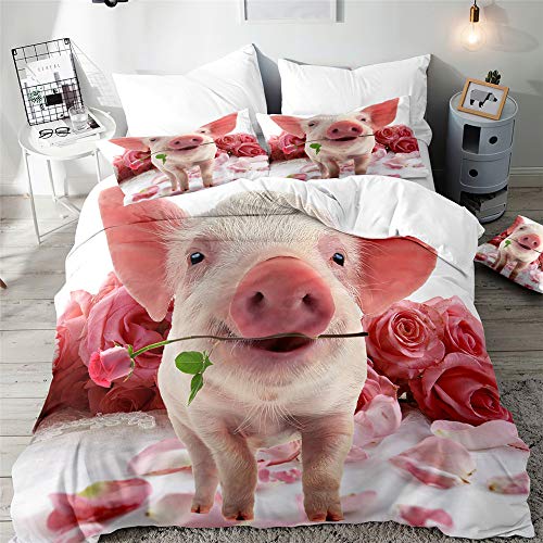 Morbuy Schweinchen Drucken Bettbezug Bettwäsche Set - Erwachsene Kinder Bettwäsche-Set, Mikrofaser Weiche Bettbezug mit Reißverschluss und Kissenbezüge (135x200cm,Rose Schweinchen) von Morbuy