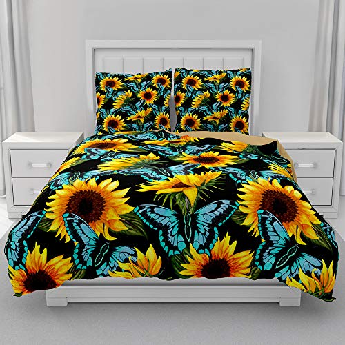 Morbuy Sonnenblume Bettwäsche Set Mikrofaser Weich Bettbezug Bettwäsche-Set -1 Bettbezug mit Reißverschluss +2 Kissenbezug 80x80 cm- 3D Muster Drucken Mädchen Junge (200X200cm,Blauer Schmetterling) von Morbuy