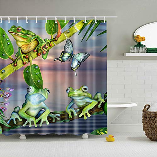 Morbuy 3D Duschvorhang, Digitaldruck Top Qualität Schimmelresistenter und Wasserabweisend Shower Curtain Waschbar Mit 12 Duschvorhangringen 100% Polyester (180x200cm,Grüner Frosch) von Morbuy