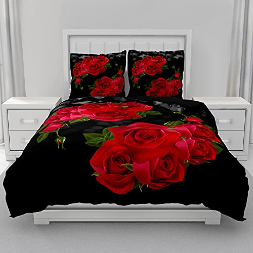 Morbuy Blumen Drucken Bettwäsche + Kissenbezug 80x80cm, Weiche Mikrofaser Bettwäsche-Set 3D Blume Bettwäsche Set Bettbezug Set mit Reißverschluss (135x200cm,Rote Rose) von Morbuy