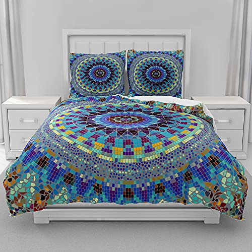 Morbuy Mandala Drucken Bettwäsche + Kissenbezug 80x80cm, Weiche Mikrofaser Bettwäsche-Set 3D Mandala Bettwäsche Set Bettbezug Set mit Reißverschluss (135x200cm,Blau) von Morbuy