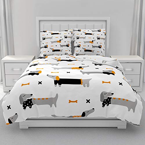 Morbuy Mikrofaser Bettwäsche + Kissenbezug 80x80cm, Hundedruck Bettwäsche-Set Bettwäsche Set für Erwachsene Kinder, Weiche Bettbezug Set mit Reißverschluss (135x200cm,Dackel) von Morbuy