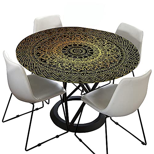 Morbuy Tischdecke Elastisch, 3D Mandala Rund Tischdecken Wasserdicht Lotuseffekt Abwaschbar Abwischbar Tischtuch für Dekoration Küchentisch Garten Outdoor (120cm,Bronzieren) von Morbuy