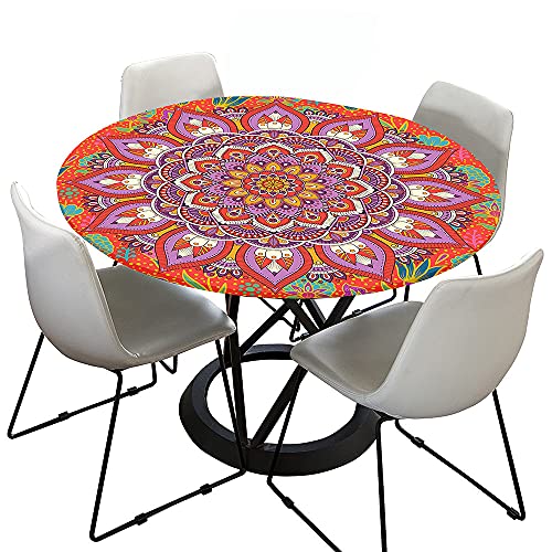 Morbuy Tischdecke Elastisch, 3D Mandala Rund Tischdecken Wasserdicht Lotuseffekt Abwaschbar Abwischbar Tischtuch für Dekoration Küchentisch Garten Outdoor (150cm,Orange Rot) von Morbuy