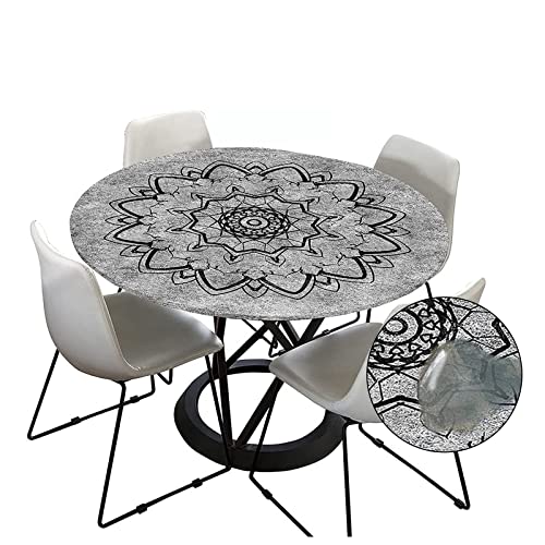 Morbuy Tischdecke Outdoor Rund 100 cm, Elastisch Rund Abwaschbar Tischdecken Wasserabweisend Lotuseffekt Garten Tischdecke Grau Mandala Table Cloth, Ideal für 80cm-90cm von Morbuy