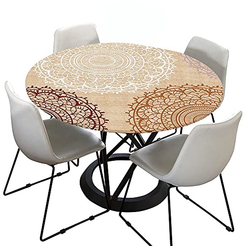 Morbuy Tischdecke Outdoor Rund 180 cm, Elastisch Rund Abwaschbar Tischdecken Wasserabweisend Lotuseffekt Garten Tischdecke Beige Mandala Table Cloth, Ideal für 160cm-170cm von Morbuy