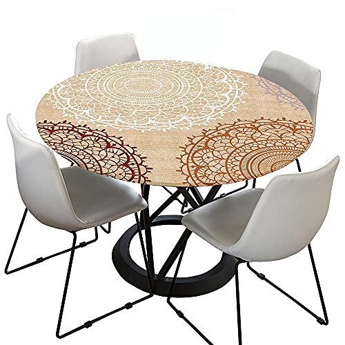 Morbuy Tischdecke Outdoor Rund 200 cm, Elastisch Rund Abwaschbar Tischdecken Wasserabweisend Lotuseffekt Garten Tischdecke Beige Mandala Table Cloth, Ideal für 180cm-190cm von Morbuy