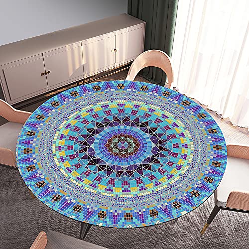 Morbuy Tischdecke Elastisch, Mandala Drucken Rund Tischdecken Wasserdicht Lotuseffekt Abwaschbar Abwischbar Tischtuch für Dekoration Küchentisch Garten Outdoor (Durchmesser 100cm,Blau Lila) von Morbuy