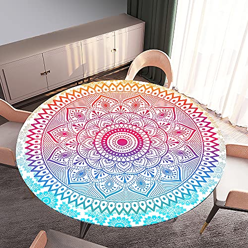 Morbuy Tischdecke Elastisch, Mandala Drucken Rund Tischdecken Wasserdicht Lotuseffekt Abwaschbar Abwischbar Tischtuch für Dekoration Küchentisch Garten Outdoor (Durchmesser 90cm,Blau Rosa) von Morbuy