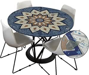 Morbuy Tischdecke Outdoor Rund 100 cm, Elastisch Rund Abwaschbar Tischdecken Wasserabweisend Lotuseffekt Garten Tischdecke Blau Mandala Table Cloth, Ideal für 80cm-90cm von Morbuy