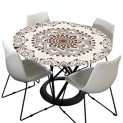 Morbuy Tischdecke Outdoor Rund 100 cm, Elastisch Rund Abwaschbar Tischdecken Wasserabweisend Lotuseffekt Garten Tischdecke Creme Mandala Table Cloth, Ideal für 80cm-90cm von Morbuy