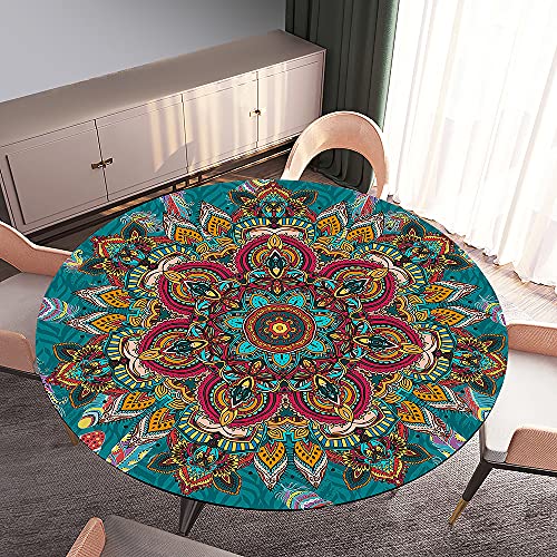 Morbuy Tischdecke Elastisch, Mandala Drucken Rund Tischdecken Wasserdicht Lotuseffekt Abwaschbar Abwischbar Tischtuch für Dekoration Küchentisch Garten Outdoor (Durchmesser 100cm,Grün Orange) von Morbuy