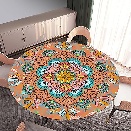 Morbuy Tischdecke Elastisch, Mandala Drucken Rund Tischdecken Wasserdicht Lotuseffekt Abwaschbar Abwischbar Tischtuch für Dekoration Küchentisch Garten Outdoor (Durchmesser 120cm,Orange) von Morbuy