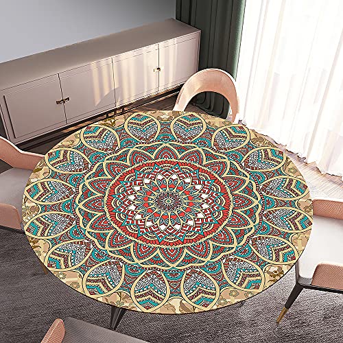 Morbuy Tischdecke Elastisch, Mandala Drucken Rund Tischdecken Wasserdicht Lotuseffekt Abwaschbar Abwischbar Tischtuch für Dekoration Küchentisch Garten Outdoor (Durchmesser 100cm,Rot Blau) von Morbuy