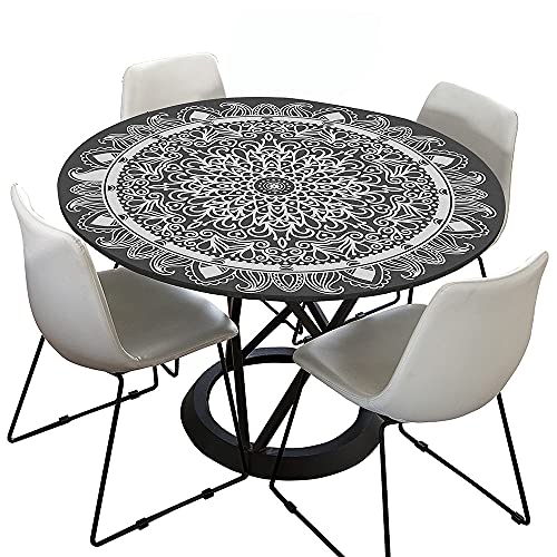 Morbuy Tischdecke Outdoor Rund 150 cm, Elastisch Rund Abwaschbar Tischdecken Wasserabweisend Lotuseffekt Garten Tischdecke Schwarz Mandala Table Cloth, Ideal für 130cm-140cm von Morbuy