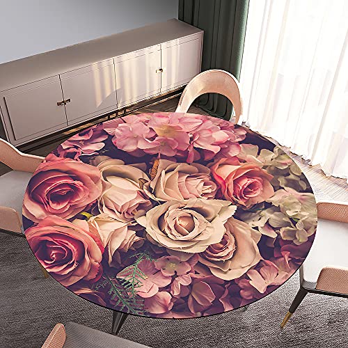 Morbuy Tischdecke Elastisch, Rose Blume Drucken Rund Tischdecken Wasserdicht Lotuseffekt Abwaschbar Abwischbar Tischtuch für Dekoration Küchentisch Garten Outdoor (Durchmesser 120cm,Beige Blume) von Morbuy