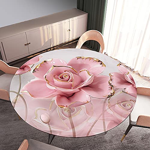 Morbuy Tischdecke Elastisch, Rose Blume Drucken Rund Tischdecken Wasserdicht Lotuseffekt Abwaschbar Abwischbar Tischtuch für Dekoration Küchentisch Garten Outdoor (Durchmesser 120cm,Pinke Rose) von Morbuy