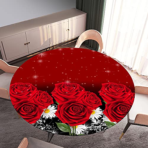 Morbuy Tischdecke Elastisch, Rose Blume Drucken Rund Tischdecken Wasserdicht Lotuseffekt Abwaschbar Abwischbar Tischtuch für Dekoration Küchentisch Garten Outdoor (Durchmesser 120cm,Rote Blume 1) von Morbuy