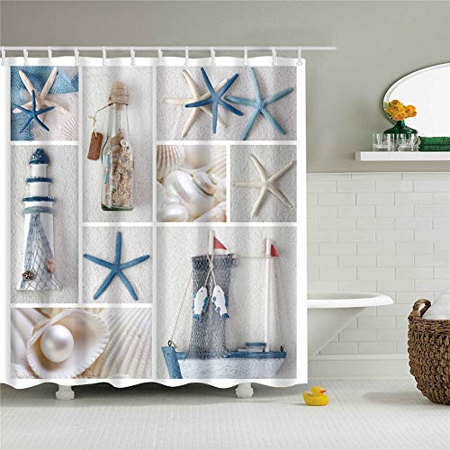 Duschvorhang, Morbuy 3D Digitaldruck Top Qualität Schimmelresistenter und Wasserabweisend Shower Curtain Waschbar Mit 12 Duschvorhangringen 100% Polyester (150x180cm,Seestern) von Morbuy