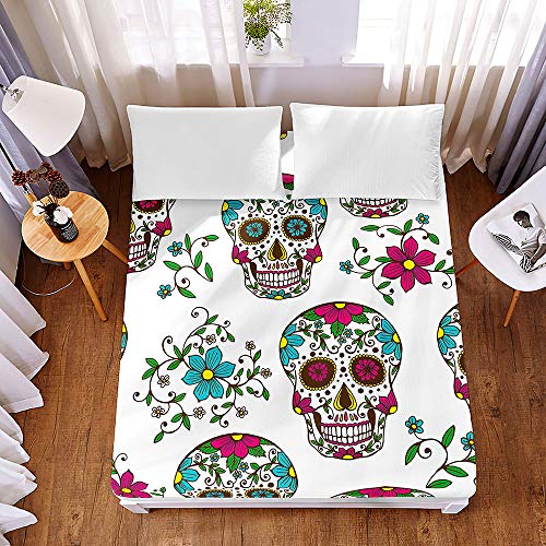 Mikrofaser Spannbettlaken mit Blumen und Schädel Muster, Morbuy Weich Spannbetttuch Faltenresistent Bettlaken Matratzenschoner,Tiefe Tasche,für Schlafkomfort (140x200x30cm,Weißer Bohemian) von Morbuy