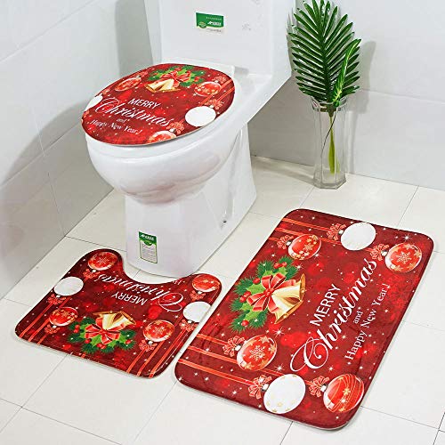 Morbuy 3-teiliges Badvorleger-Set Duschmatte + Konturmatte + WC-Deckelbezug, Weihnachtsmann rutschfeste Badvorleger für Küche, Weihnachtstiermuster (Weihnachtsglocke) von Morbuy