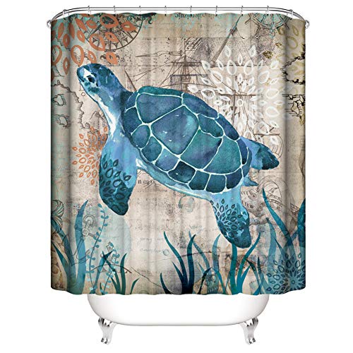 Morbuy 3D Digitaldruck Duschvorhang, Top Qualität Schimmelresistenter und Wasserabweisend Shower Curtain Waschbar Mit 12 Duschvorhangringen 100% Polyester (180x200cm,Blaue Schildkröte) von Morbuy